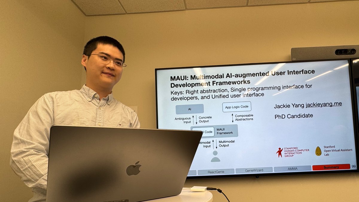 Exciting to see @jackieyang_'s successful PhD defense this week on LLM-based tools for building multimodal UIs. He's done great work w/ me & @MonicaSLam for 6 yrs. His latest will be @#chi2024 (jackieyang.me/reactgenie/). It is a small bit of the many cool projects he has produced.