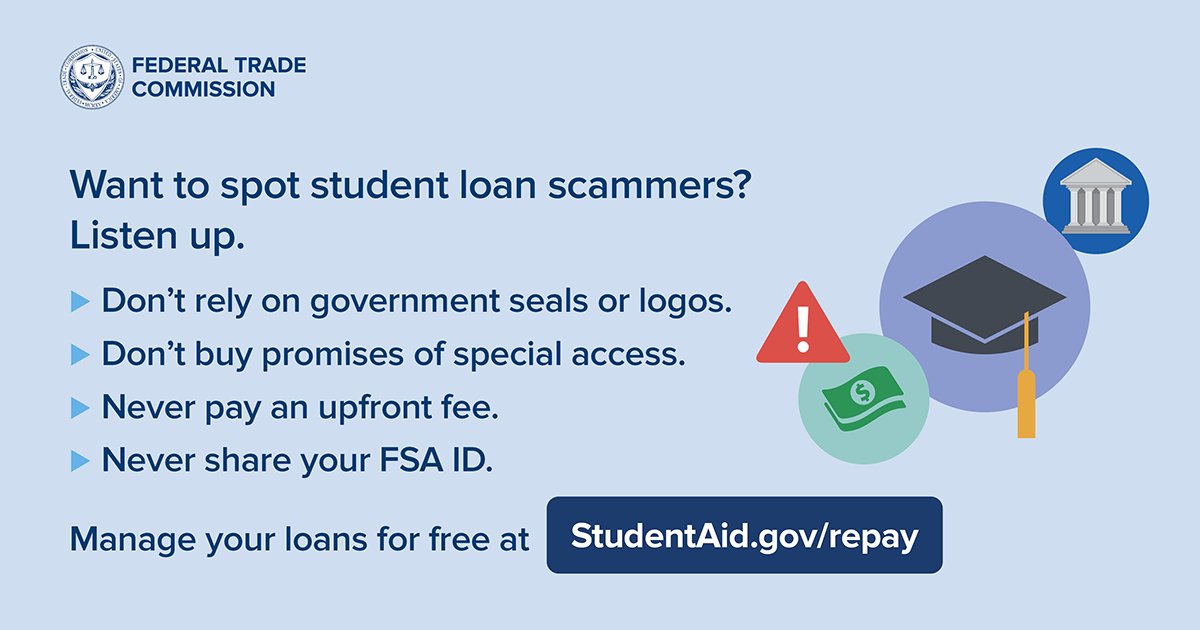 usedgov's tweet photo. You might get a call from someone saying they’re with Federal Student Aid (FSA) or the Department of Education to discuss loan forgiveness.

Spoiler: They’re not - and it's a scam. 

Here's how to spot &amp; avoid student loan scammers with info from @FTC: https://t.co/dkZrTPWYGN https://t.co/BsXs21SLuT