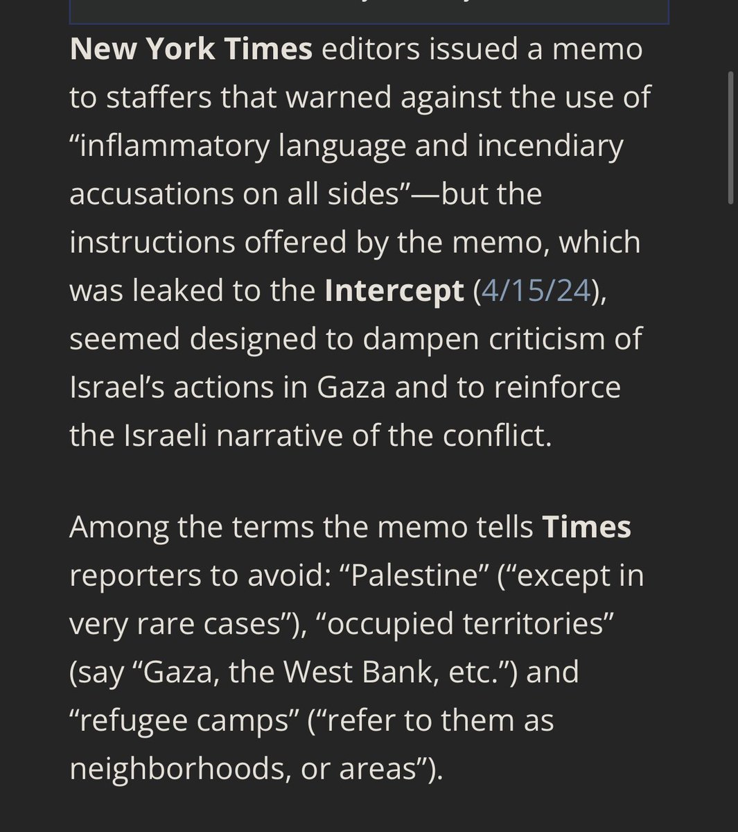 ACTION ALERT from @FAIRmediawatch: NYT's War on Words: Avoid 'Palestine,' 'Genocide,' 'Ethnic Cleansing' Read more + tell @nytimes to revise its guidance on coverage of the Gaza crisis so that it is no longer banning standard descriptions here: fair.org/home/action-al…