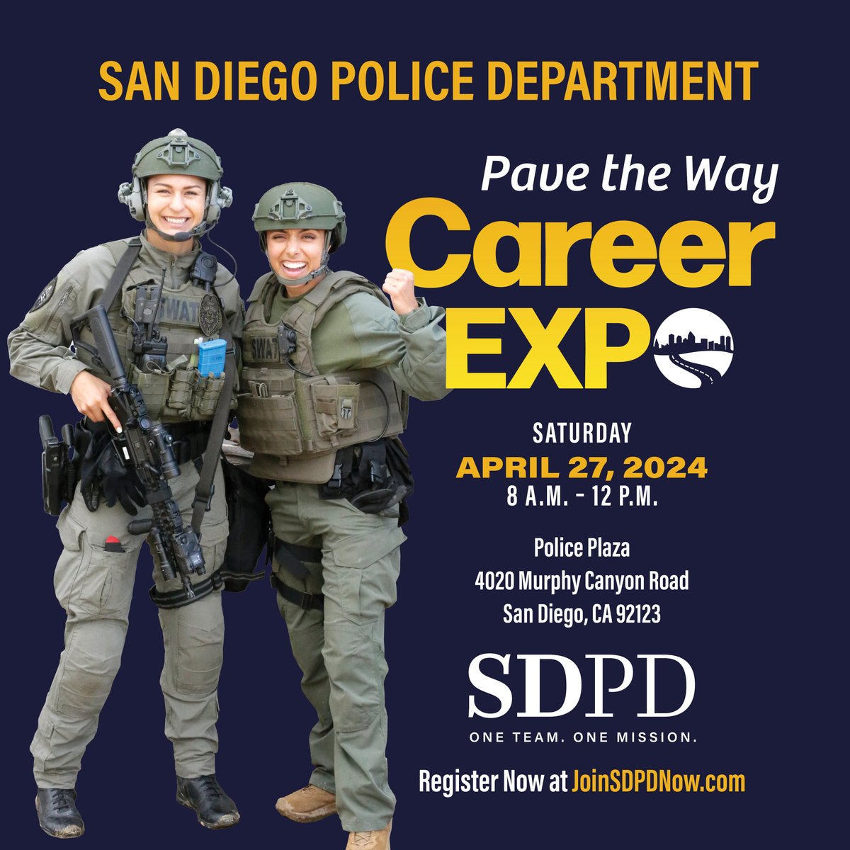 Are you curious about a career in law enforcement or looking for a change? Join us at the San Diego Police Department’s Pave the Way event on Saturday, April 27, 2024, from 8 A.M. to 12 P.M. at Police Plaza, 4020 Murphy Canyon Road.