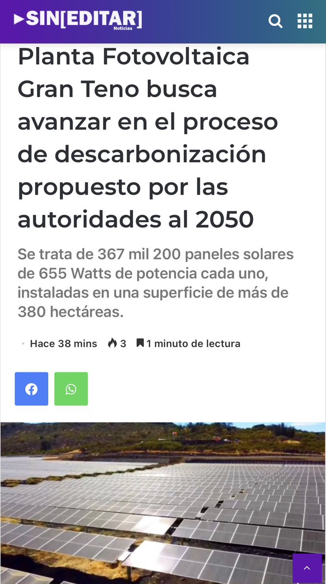 #EnergíaEnLosMedios, Medios de comunicación #SinEditar #LinaresEnLínea destacan en sus ediciones el parque fotovoltaico “Gran Teno” de 367.200 paneles solares 🙌 que aporta a nuestro compromiso de la descarbonización de aquí al 2050 @MinEnergia @epubilla @VoceriaMaule