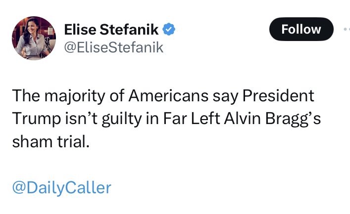 Elise Stefanik seems to think we should turn over our justice system to the pollsters — and take the polls before any evidence is heard. What a pox on our country she is.