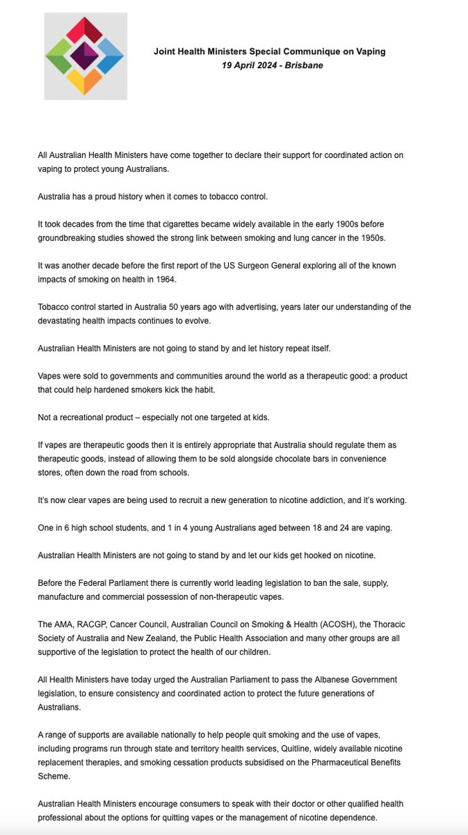 Joint statement by Australian Health Ministers on vaping: "All Health Ministers have today urged the Australian Parliament to pass the Albanese Govt legislation, to ensure consistency &amp; coordinated action to protect the future generations of Australians."
#AusPol #publichealth