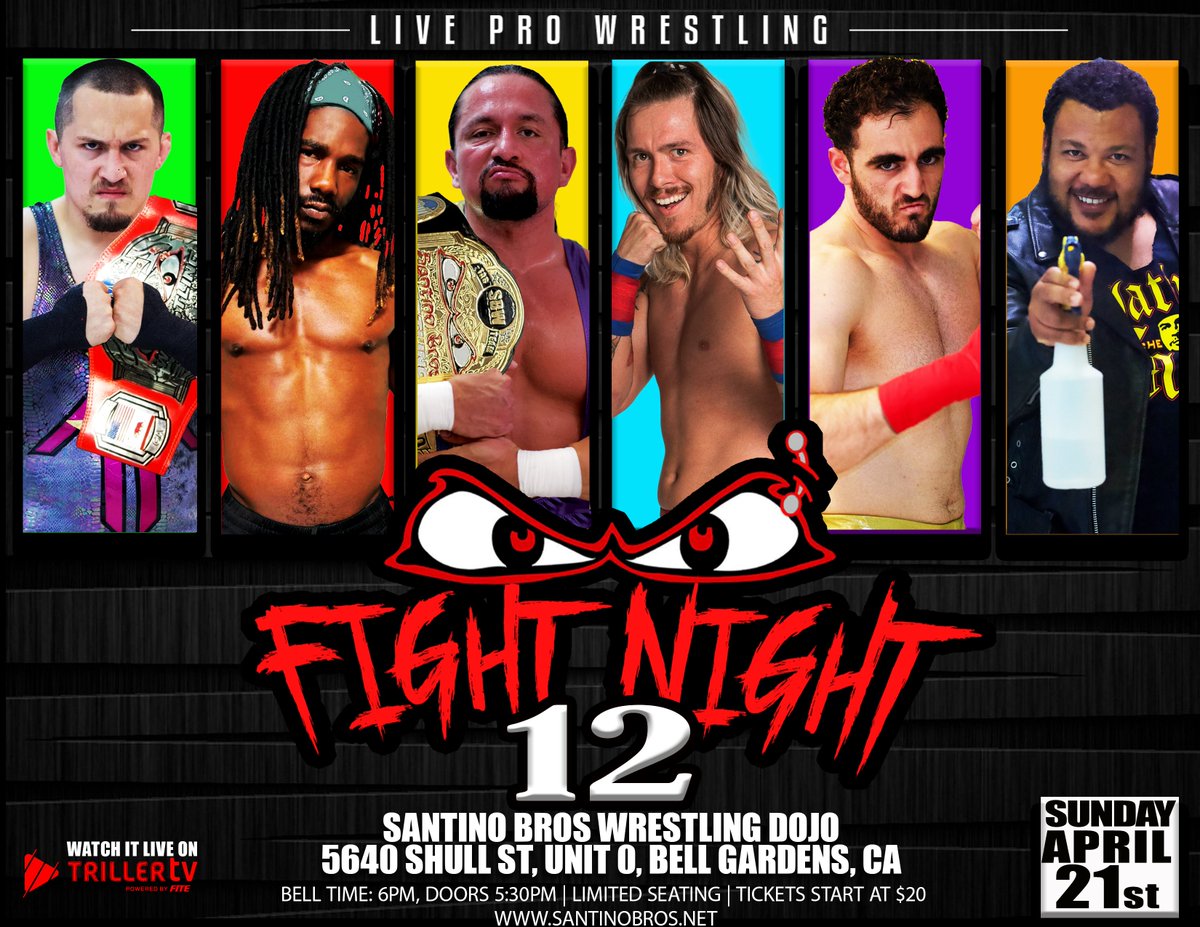 📢 Don't forget FIGHT NIGHT 12 is this Sunday at Santino Bros. Dojo. Get your tickets now or watch it on #TRILLERTV! 👊 FIGHT NIGHT 12 📅 Sunday April 21st at 6pm 📍 Santino Bros. Dojo, 90201 🎟️ SBFN12.eventbrite.com 📺 Streaming Live on #TrillerTV trillertv.com/vl/p/santino-b…