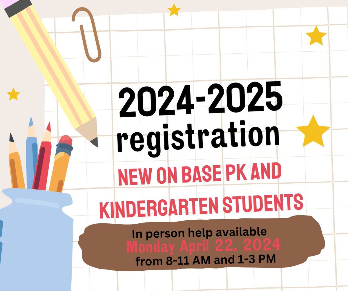 In person help will be provided for registration of new on base pk and kindergarten students! Registration is open on April 22, 2024 🍎 ✏️
