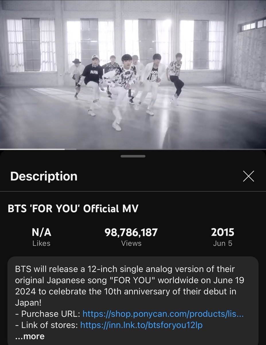 when you check the description on BTS’ ‘For You’ MV it says:

“BTS will release a 12-inch single analog version of their original Japanese song 'FOR YOU' worldwide on June 19 2024 to celebrate the 10th anniversary of their debut in Japan!”

YALL OMG?!!?!