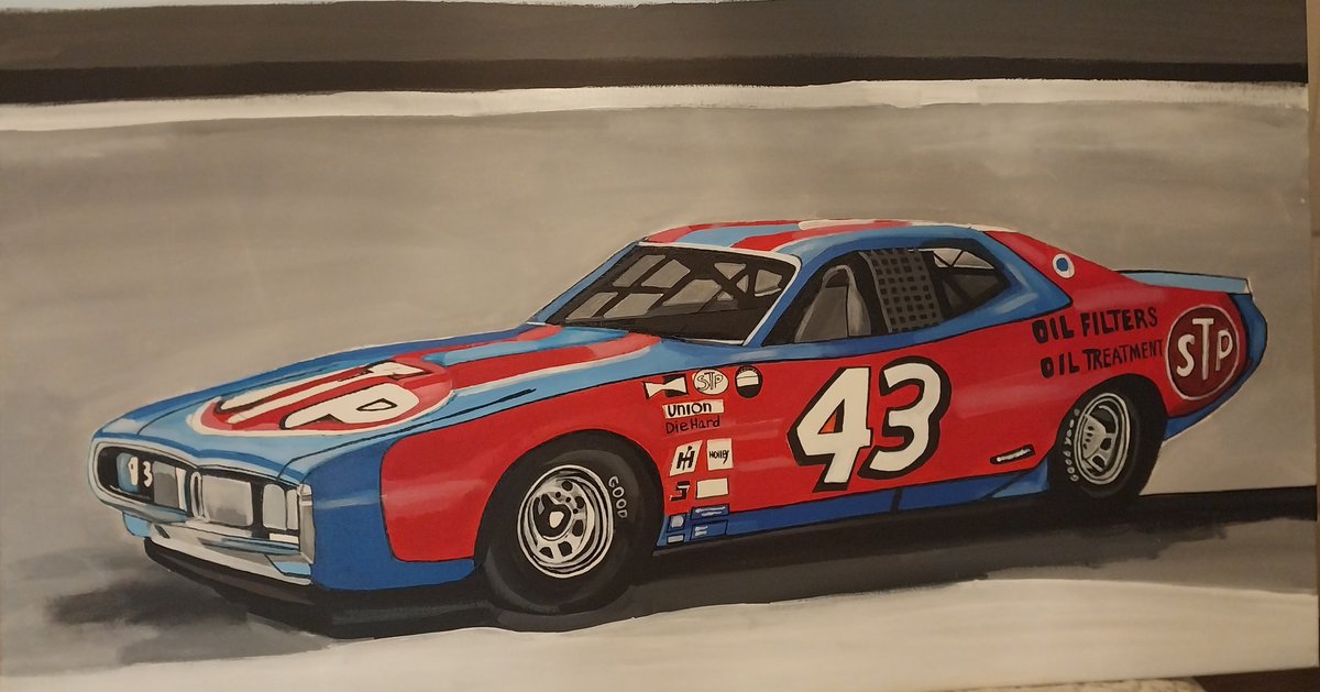 Happy Thursday yall! Here is a progress photo of a painting I am working on of Richard Pettys charger. I only have basic colors so far..no detail yet or background. It's 24x36 and will be framed- will be for sale when completed.