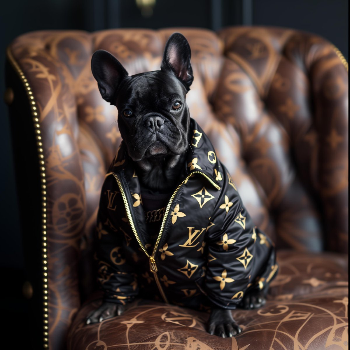 Title: 'Noble Repose in Designer Comfort'

#FrenchBulldogLuxury #DesignerDogFashion #ElegantInteriors #AnimalPortraiture #luisvuitton #louisvuittonbag #louisvuittondog #luxuryart #art #genai #AIArt