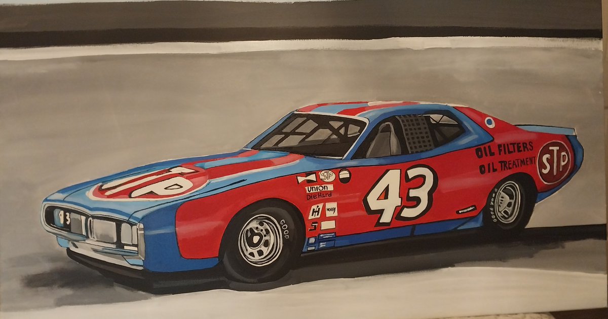 Happy Thursday yall! Here is a progress photo of a painting I am working on of a vintage nascar car...Richard Pettys charger from 1977. I haven't added detail yet or background. Still a ways to go.. its 24x36 - will be framed. It will be for sale.