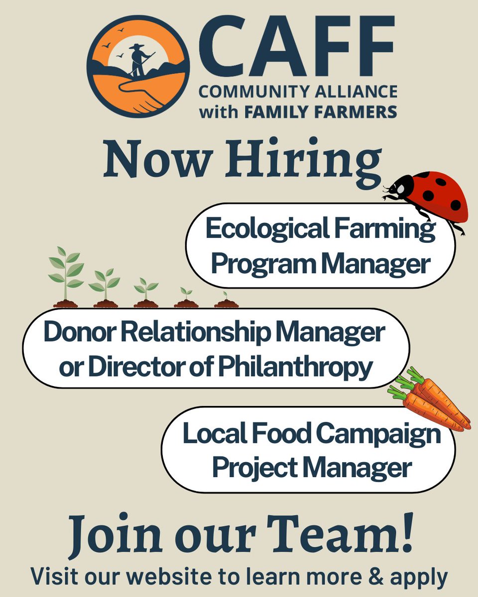 Seeking 3 amazing people to join our team: ecological farming support, strategic thinking/relationship building to grow CAFF's capacity & help launching new local food campaign in the San Joaquin Valley! Learn more, apply at caff.org/jobs-at-caff