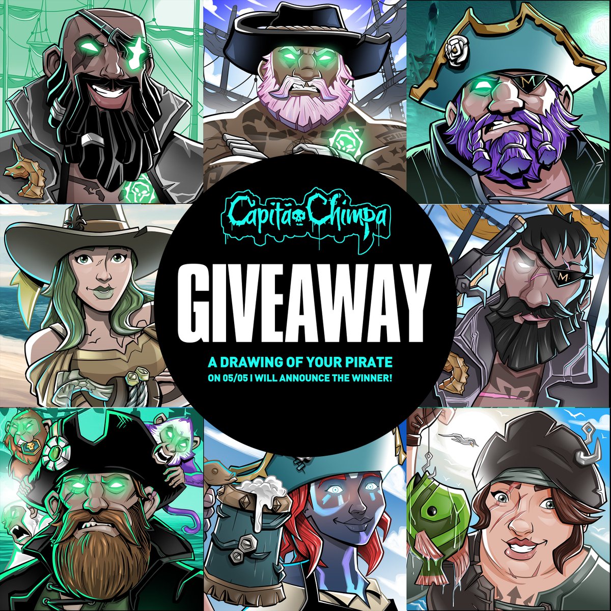 GIVEAWAY✨

To enter:

• Follow in twitch.tv/capitaochimpa
• Like &amp; Repost
• Follow in twitter
• comment with a picture of your pirate

on 05/05 i will announce the winner!

Good luck!🎉

#SeaOfThieves