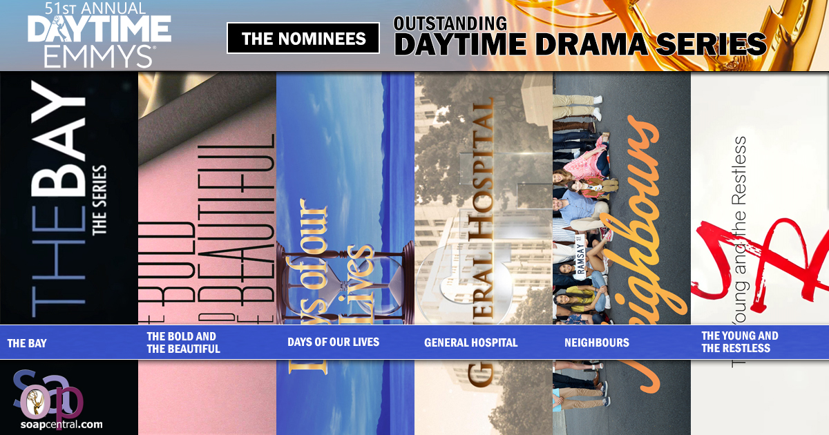 Soap Central (@soapcentral) on Twitter photo OUTSTANDING DAYTIME DRAMA SERIES NOMINEES
<a href="/thebaytheseries/">The Bay the Series</a> #TheBay
<a href="/boldinsider/">BoldInsider</a> #BoldandBeautiful
<a href="/dayspeacock/">Days of our Lives</a> #DAYS
<a href="/generalhospital/">General Hospital</a> #GH
<a href="/neighbours/">Neighbours</a> #Neighbours
<a href="/yrinsider/">Young & The Restless</a> #yr
#DaytimeEmmys #SCEmmys OUTSTANDING DAYTIME DRAMA SERIES NOMINEES
<a href="/thebaytheseries/">The Bay the Series</a> #TheBay
<a href="/boldinsider/">BoldInsider</a> #BoldandBeautiful
<a href="/dayspeacock/">Days of our Lives</a> #DAYS
<a href="/generalhospital/">General Hospital</a> #GH
<a href="/neighbours/">Neighbours</a> #Neighbours
<a href="/yrinsider/">Young & The Restless</a> #yr
#DaytimeEmmys #SCEmmys