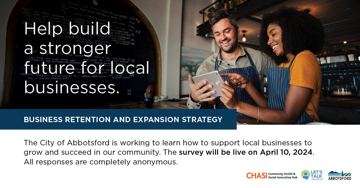 Our Business Retention and Expansion Survey is open! Abbotsford residents and businesses are encouraged to provide their feedback at letstalkabbotsford.ca/bre-strategy-s…. All survey participants are eligible to enter a draw to win one of three $100 gift cards to Abbotsford businesses.