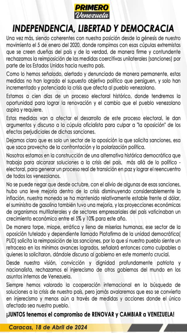 Comunicado de nuestro movimiento politico Primero Venezuela: Independencia, democracia y libertad para que Junt@s logremos Renovar y Cambiar a Venezuela 🇻🇪