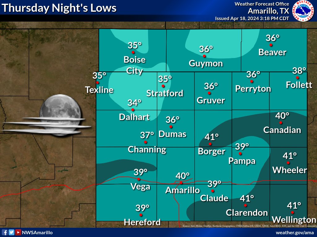 Temperatures tonight will fall to into the mid 30's in the northwest to the lower 40's in the southeast. #phwx #txwx #okwx