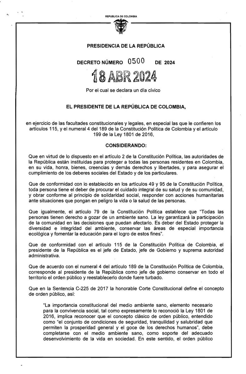 🔴 Presentamos a la ciudadanía el Decreto 0500 de 2024, por el cual se declara 'Día Cívico de la Paz con la Naturaleza' para este viernes 𝟏𝟗 𝐝𝐞 𝐚𝐛𝐫𝐢𝐥.