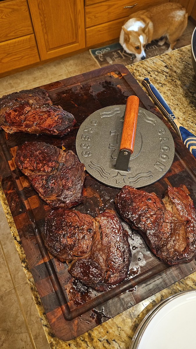 Before and after Delmonico. So good I had to unlock to share.

They dry brined overnight in Maldon salt.

Smoked at 225F until they hit 125F, let them rest for 10 minutes then seared on cast iron in unsalted butter for 2 minutes on each side. 

Check comments for additional info.