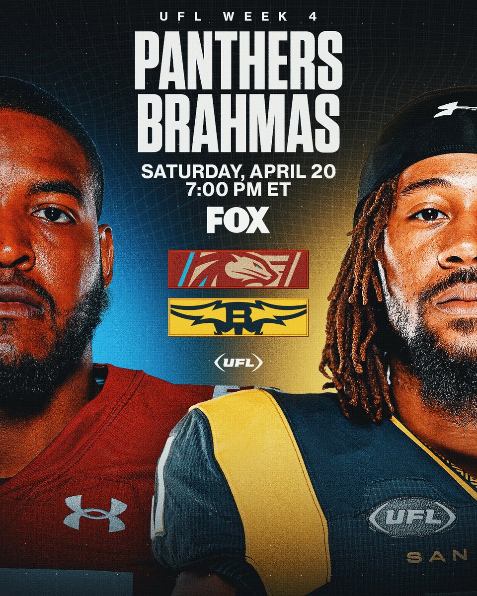 🐾 or 🤘 @USFLPanthers vs. @XFLBrahmas Saturday at 7pm ET/6pm CT on @FOXSports 📺 🎟️: theufl.com/tickets