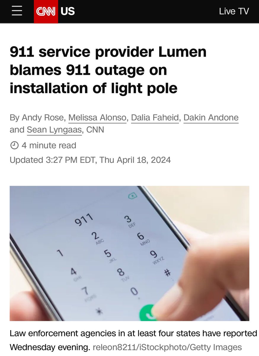 This is their excuse… a light pole? For multiple state outage? 😂🤔

#911outage #911outages #nohelpcoming #helpyourself 

cnn.com/2024/04/17/us/…