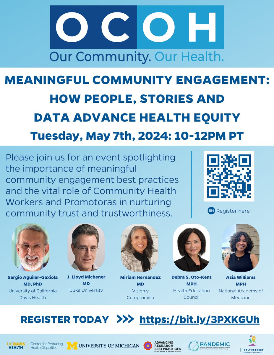 Please join us for our event 'Meaningful Community Engagement: How People Stories, and Data Advance Health Equity' which spotlights the importance of community engagement best practices and the role of Community Health Workers/Promotoras. Register here: ufl.zoom.us/meeting/regist…