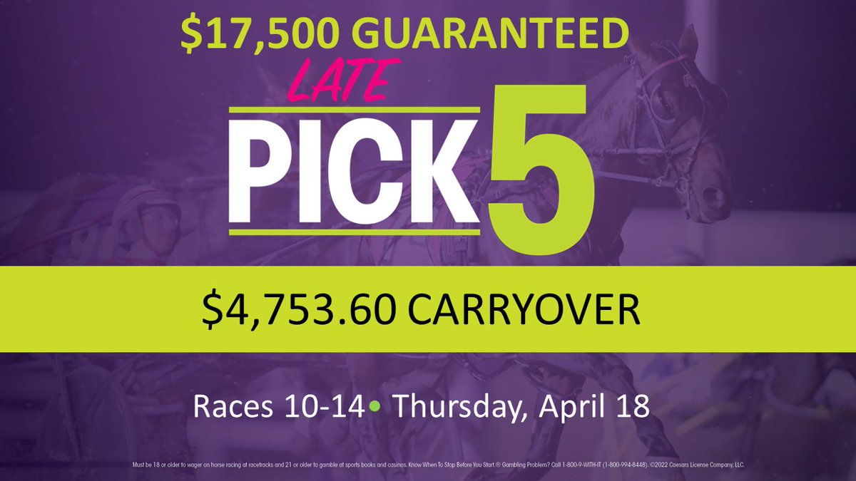HoP_Racing's tweet photo. Did someone say carryover!? There were no winners in our Early Pick 5, thus a carryover of $4,753.60 into our Late Pick 5 and we will be guaranteeing the pool at $17,500! #PlayHP #CarryoverAlert https://t.co/vMVDNszIPc