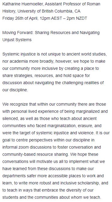 res_australes's tweet photo. April 26 online (12pm AEST/2pm NZDT) @WomenAncient #AWAWS Equity and Diversity seminar with A/Prof Katharine Huemoeller (UBC) - Moving Forward: Sharing Resources and Navigating Unjust Systems. Zoom - register: https://t.co/dO3r8vdL87 https://t.co/KAQvO036wE