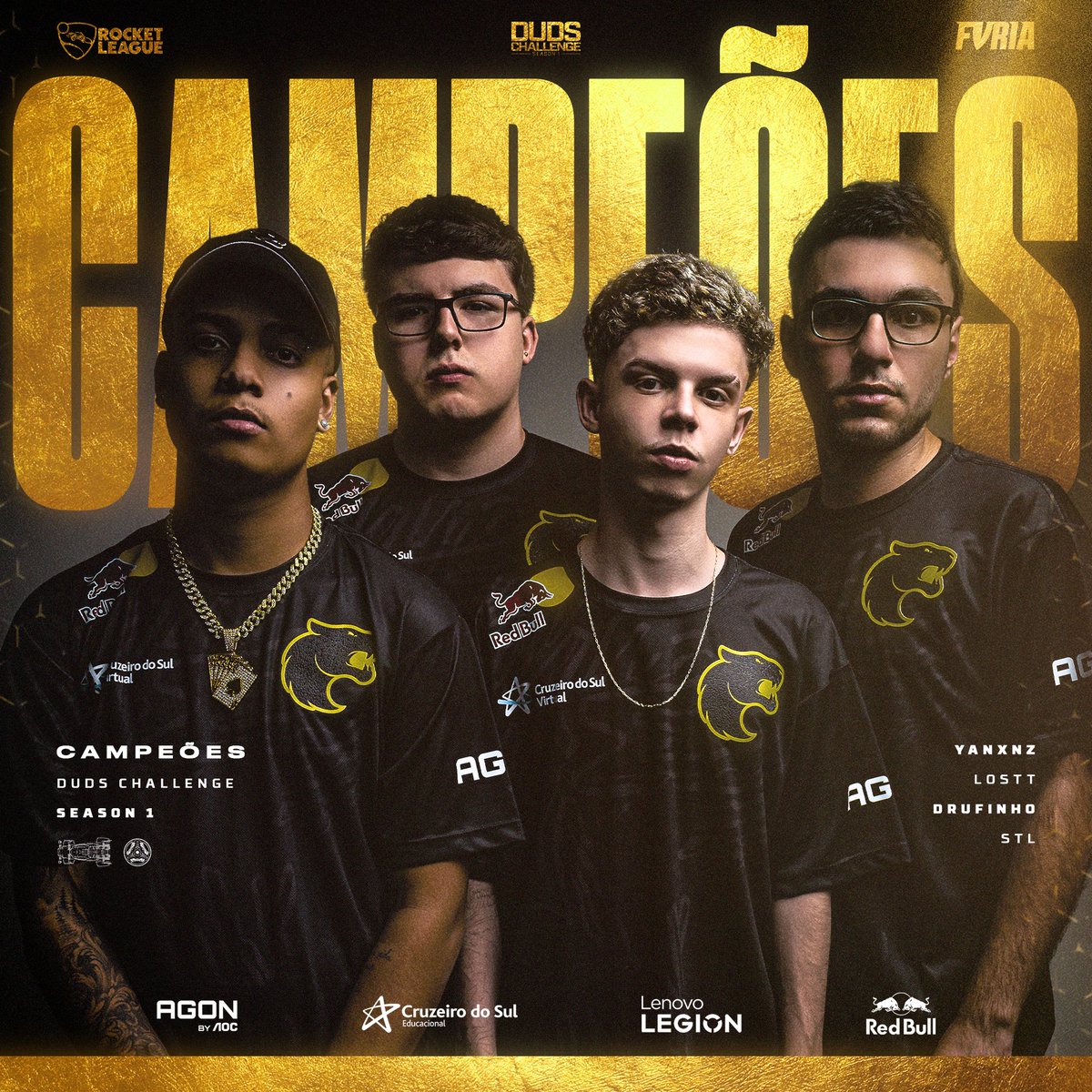 A #FURIARL É CAMPEÃ DO #DudsChallenge 🏆 Invictos no campeonato, garantimos 4-1 na Grande Final contra a NIP pra cravarmos o título! 🥇 @Losttrl 🥇 @yanxnz 🥇 @drufinho 🥇 @MateusSTL E nesse sábado, a partir das 16h, voltaremos ao campo pelo 4º Qualifier da #RLCS SA!