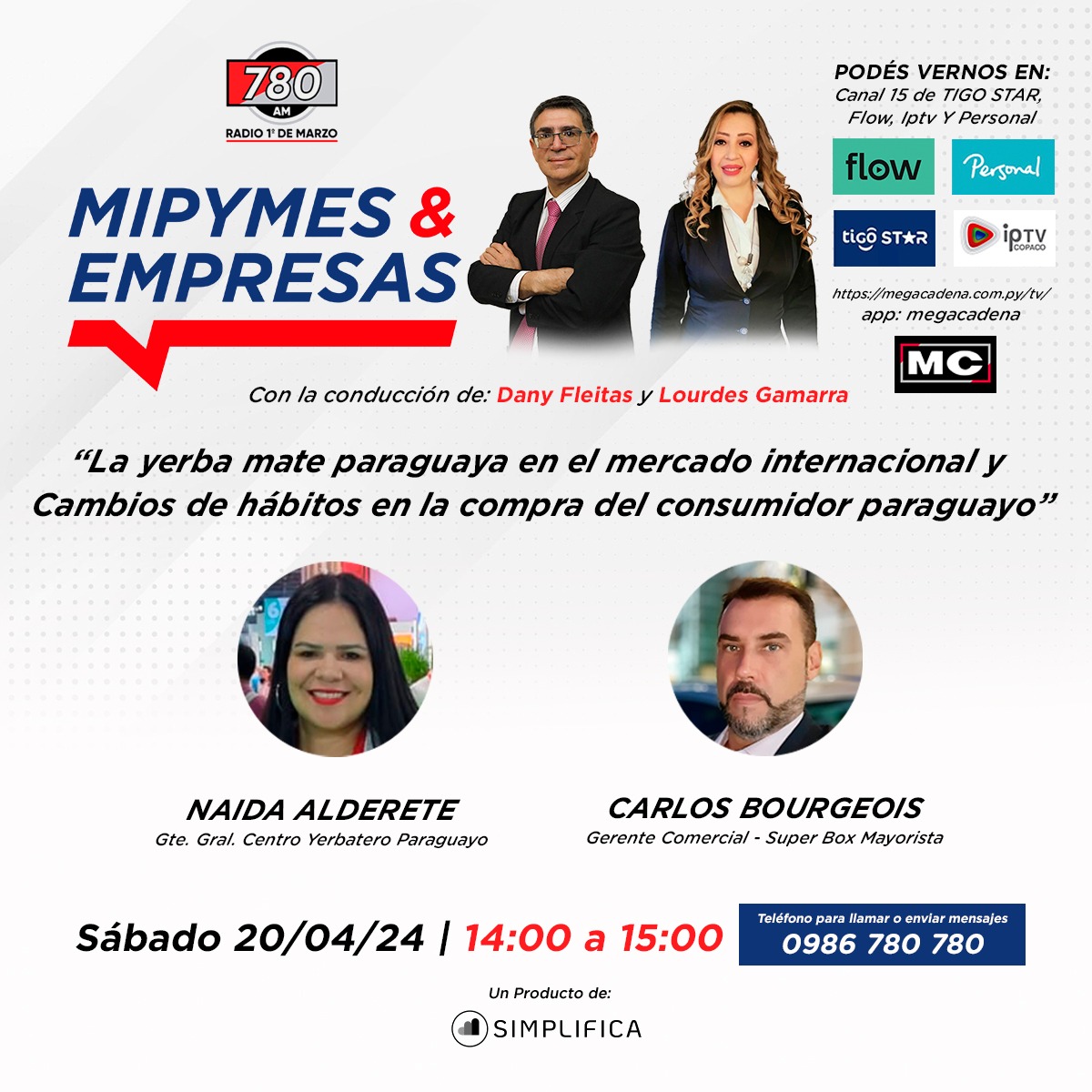Este sábado 20/04/2024 nos visita Naida Alderete, del Centro Yerbatero 🌿, y Carlos Bourgeois, del Super Box Mayorista 🛒, para abordar “La yerba mate paraguaya en el mercado internacional” y “Cambios de hábitos en la compra del consumidor paraguayo” 🇵🇾.