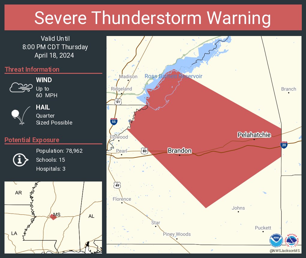 Severe Thunderstorm Warning including Brandon MS, Pelahatchie MS and  Value MS until 8:00 PM CDT