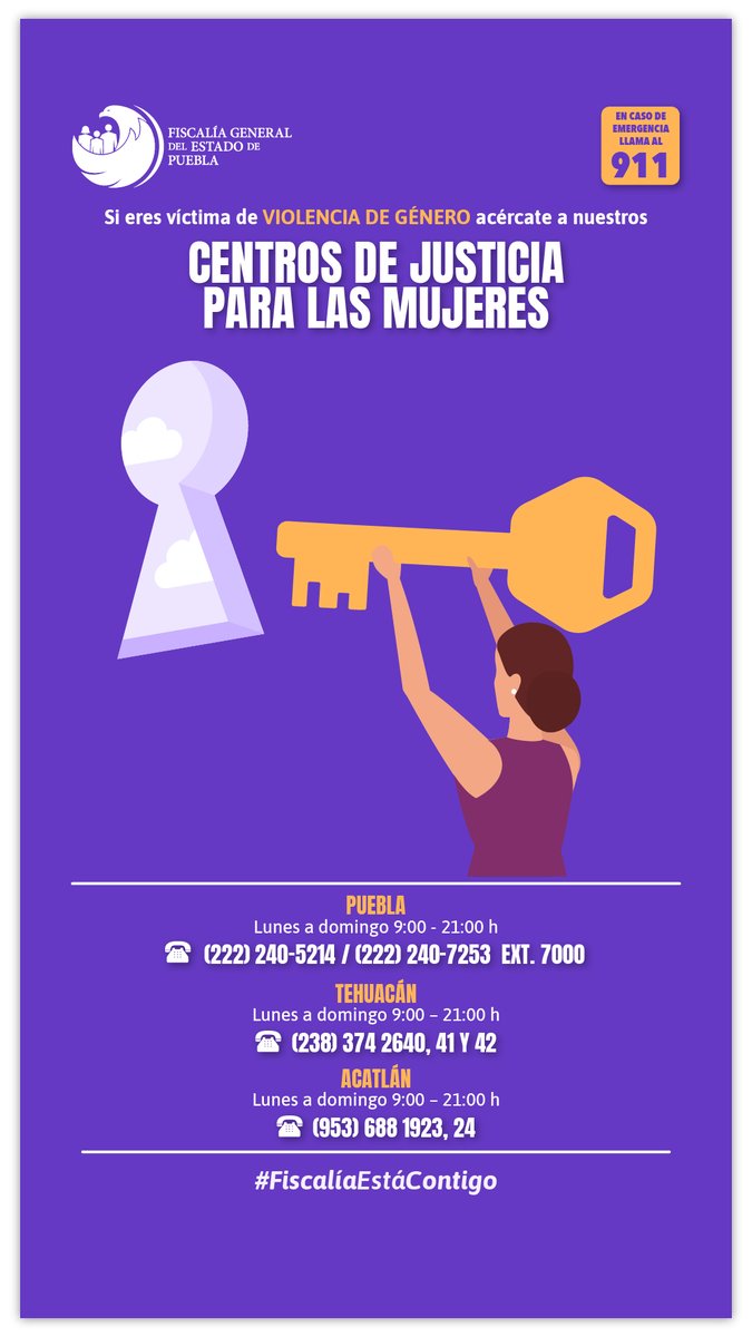#FiscalíaEstáContigo | Los Centros de Justicia para las Mujeres de Puebla, Tehuacán y Acatlán de Osorio brindan atención especializada a mujeres víctimas de violencia. ¡Acude a estos espacios seguros y encuentra el apoyo que necesitas!