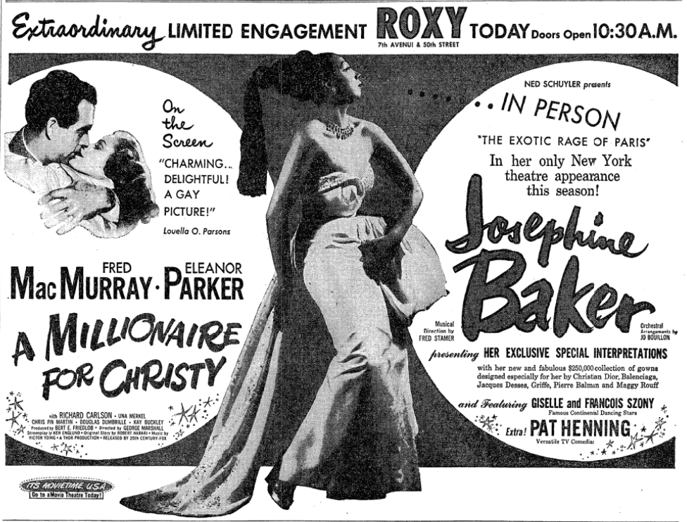 NY TV debut 5/5/54 at 7:30 pm on WPIX's 'The First Show.'' Independently produced comedy opened 10/4/51 at the fabulous Roxy, where the legendary Josephine Baker headlined.
