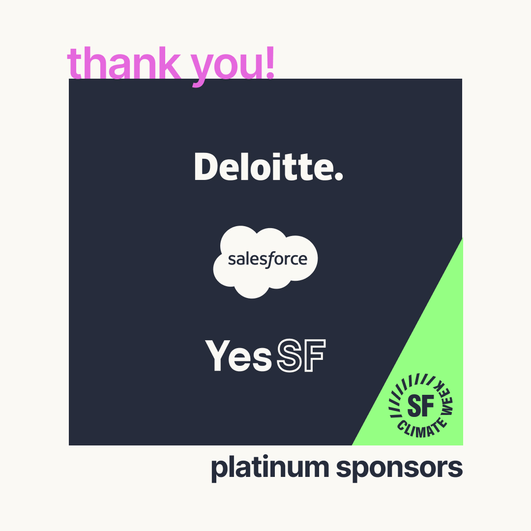 New sponsors! Deloitte and Salesforce support of SF Climate Week as part of efforts to support local sustainability and green business initiatives, including the Yes San Francisco (Yes SF) Urban Sustainability Challenge. Learn more >> sfclimateweek.org/announcementsp…