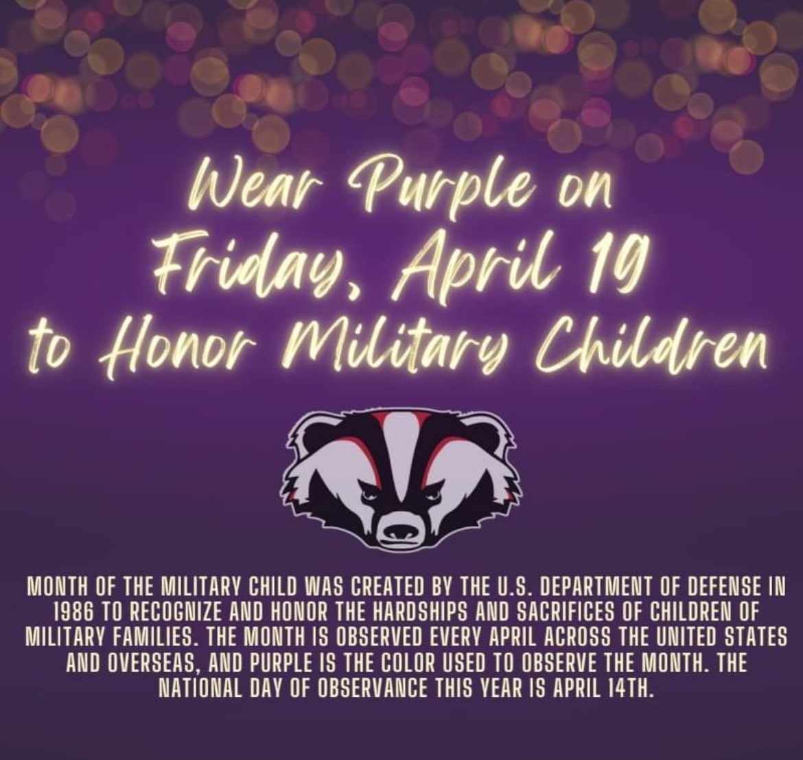 Don’t forget to wear PURPLE tomorrow to honor Military families!  💜💜💜#PurpleStarSchoolDistrict #BPRD <a href="/Beebe_Schools/">Beebe School District</a>