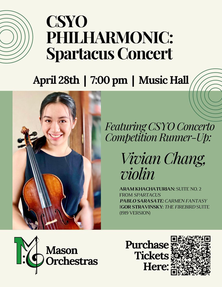 We are proud to share that Mason Orchestra member, Vivian Chang (violin), was the runner-up in the Cincinnati Symphony Youth Orchestras Concerto Competition! Purchase tickets to the concert by using the QR code or visit: tinyurl.com/VivianChang