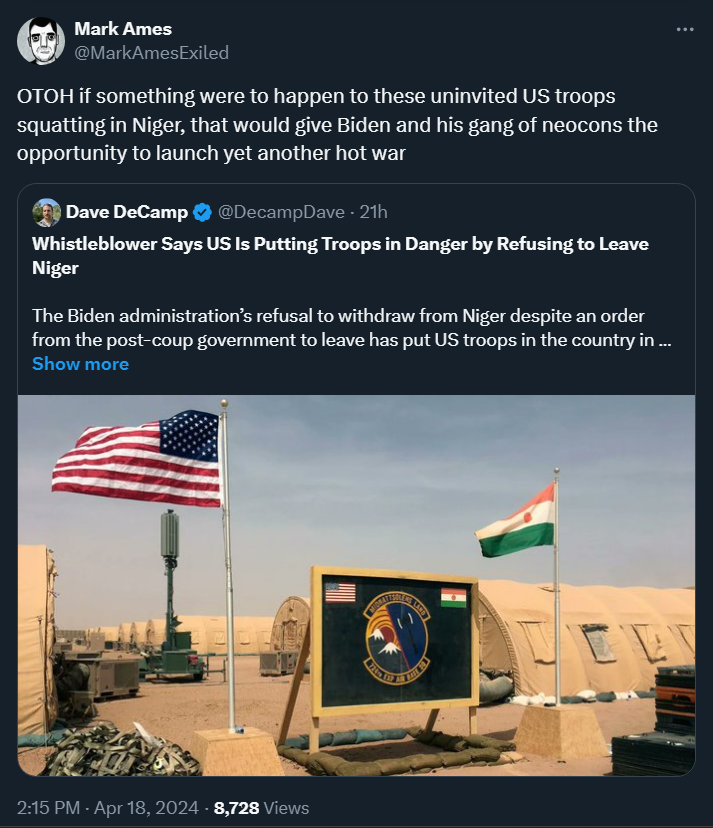 A hot war stopped being a serious possibility after Nigeria/ECOWAS backed down against the Sahel Alliance last summer.

The US has (at most) a few thousand troops spread across Africa. It doesn't have many options left besides fucking off. Get used to that reality.