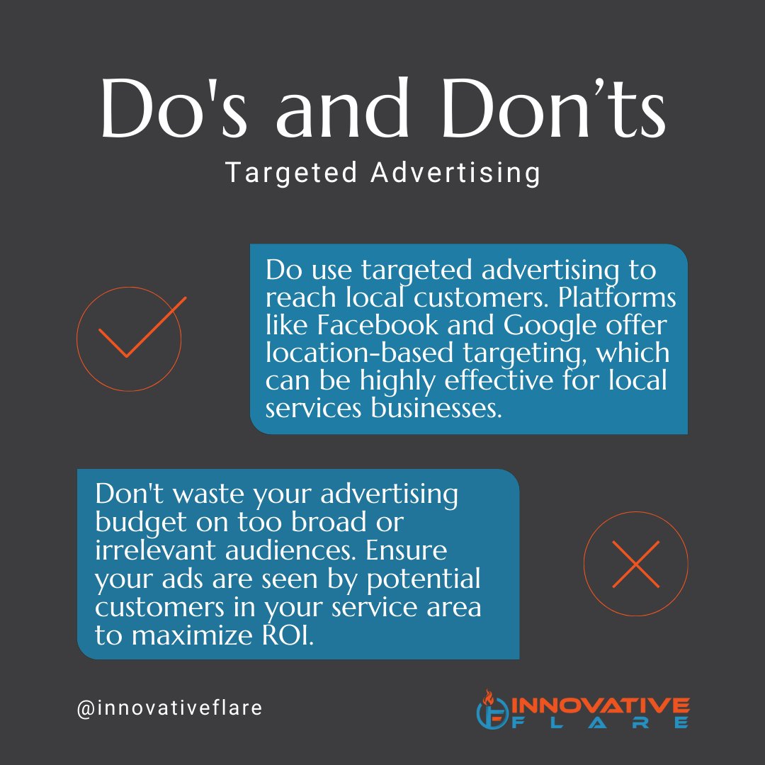 Make every ad dollar count! 🎯 With location-based targeting on platforms like Facebook and Google, you can ensure your ads reach the right local customers. innovativeflare.com #InnovativeFlare #targetedadvertising #localmarketing #locationbased #digitalmarketing