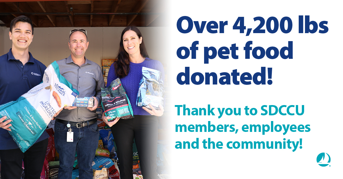 Thanks to SDCCU members, employees and the community, we are proud to announce that we collected and donated 4,224 pounds of food to @RCHumaneSociety (RCHS) through our Full Bowls Pet Food Drive. #ranchocoastalhumanesociety #humanesociety #petfooddrive #community