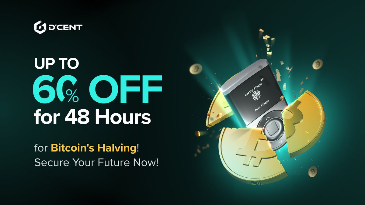 For the #BTCHalving2024, D'CENT Wallet is also halving it's price for 48 hours Get a D'CENT Biometric Wallet for only $69 now! store.dcentwallet.com/collections/fr…