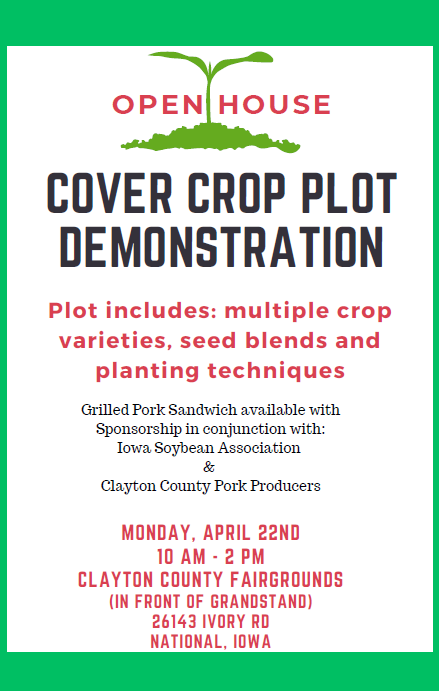 Join us at the Clayton County Fairgrounds in the rodeo arena on April 22nd! Twelve speices of cover crops were planted last fall for an educational plot. Rainfall simulator and FFA members will be there as well. Hope you can join! 

#covercrops #agriculture #iowa