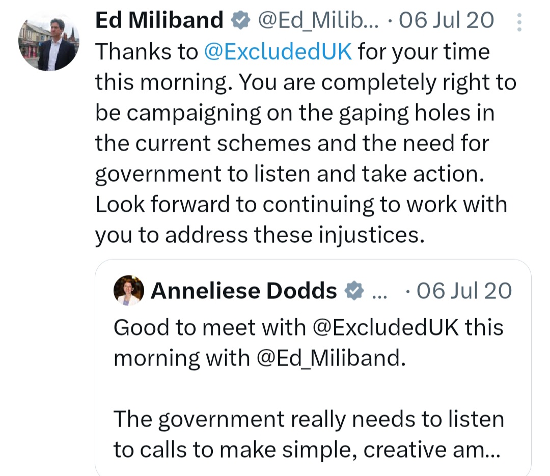 @RachelReevesMP @Keir_Starmer @Ed_Miliband Amazing how @UKLabour stance changes, once they had a sniff of Gov July 2020: The #ExcludedUK is an injustice, and in many cases this is not just rough justice, but deep unfairness Fast forward 4 years, they NOW refuse to even mention this INJUSTICE? twitter.com/Ed_Miliband/st…