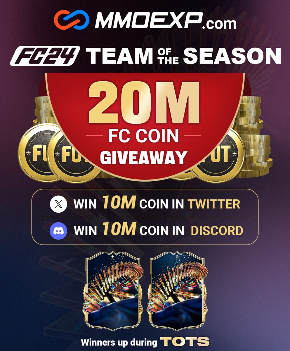 💥FC 24 Team of the Season Celebration 🚨20M Coin #FC24 Giveaway🚨 ✅Follow me & Retweet & Like for a chance to win 🏆10x 1M winners up in Twitter 🏆10x 1M winners up in Discord Discord Giveaway here➡️bit.ly/4b2iojA Buy FC Coin at mmoexp.com to build the…