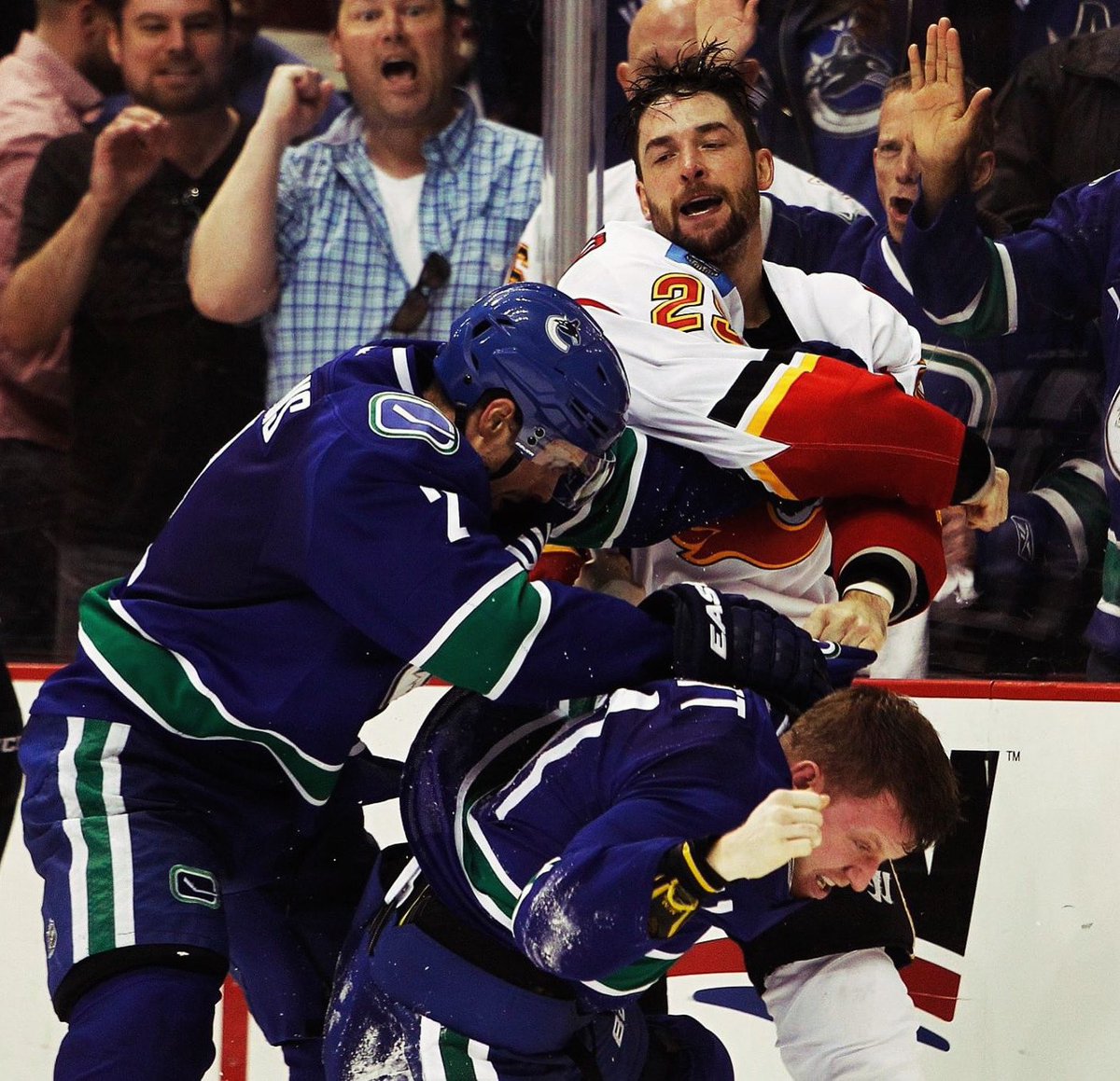 Nine years ago today, Deryk Engelland fights two Vancouver Canuck players at once during a line brawl
