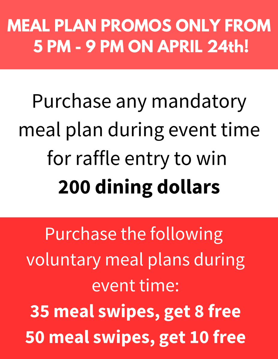 Don't miss out on these special meal plan promos happening ONLY during the Garvey Hall BBQ Party on Wednesday, April 24th! #catholicudining #mealplans