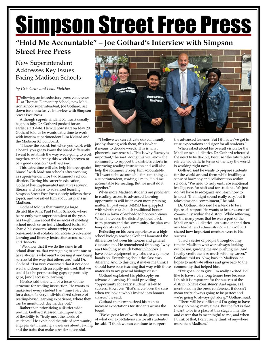 ssfp_news's tweet photo. Joe Gothard sits down with Simpson Street Free Press in an exclusive interview to share his vision for Madison schools. Read more here or online:
https://t.co/HJhPMpsnGi
#NeverHandInYourFirstDraft #AcademicAchievement https://t.co/Flf8GmSeCu
