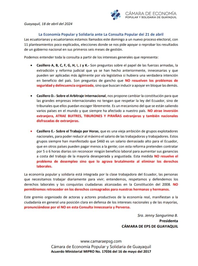 lacamaraeps's tweet photo. 🛑Comunicado Público🛑
Nuestra respuesta ante la situación que está pasando nuestro país.🇪🇨
#EconomiaPopularYSolidaria
#ConsultaPopular2024
#Conaceps #CámarasEps https://t.co/Wbi2SJrkxd