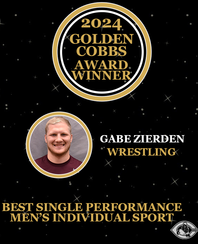 CobberSID's tweet photo. Wrestler Gabe Zierden wins Best Single Performance by a Male Individual Sport Athlete for his performance in the title match at the NCAA Division III National Tournament, the fifth wrestler in Cobber history to reach a national title match. Roll Cobbs! #GoldenCobbs https://t.co/dgo4OPfGO0