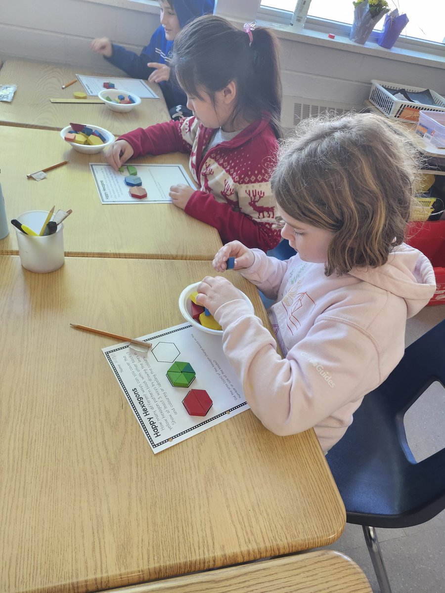 MrsTartesClass2's tweet image. Covering hexagons with different pattern blocks to make as many combinations as we can. #spatialawareness @GlenwoodGriffin #grade2