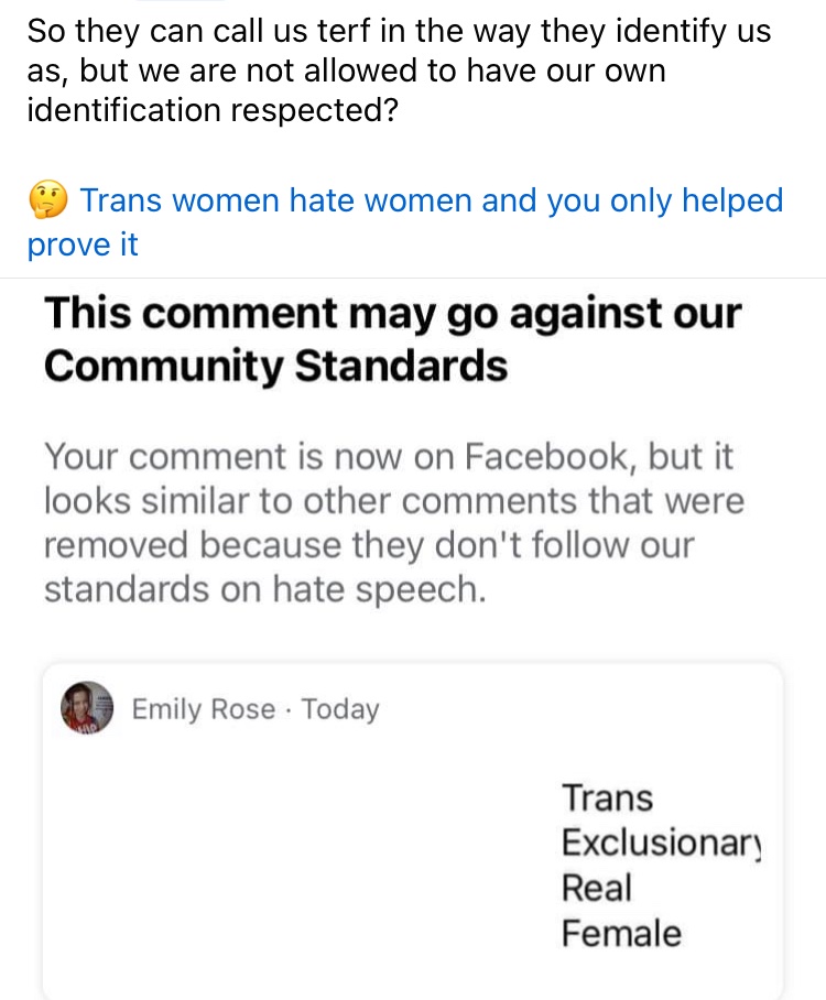 magicalskittlz's tweet image. So, on Facebook they can call us what they want. Cis, terf, whatever. 

But we can’t call them what they are, nor can we identify as #TERF the way we want.🤔

#teamterf
#TerfsWereRight 
#Terf 
#LetWomenSpeak 
#transwomenhatewomen