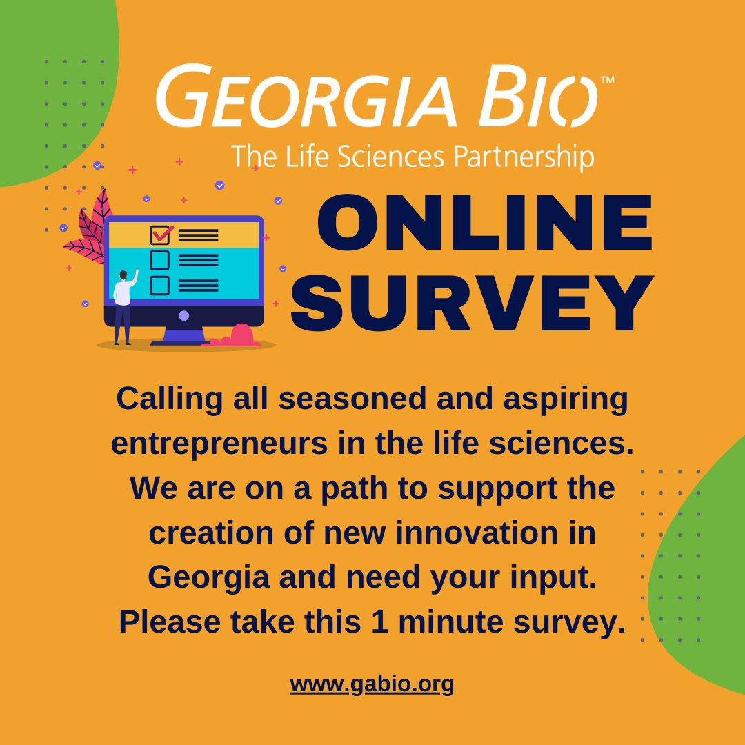 60 Second Survey! Georgia Bio has been assessing its strategic direction and we are on a path to support the creation of new innovation in Georgia and need your input. Please take a moment to complete this survey. ow.ly/IVss50Rjw2S