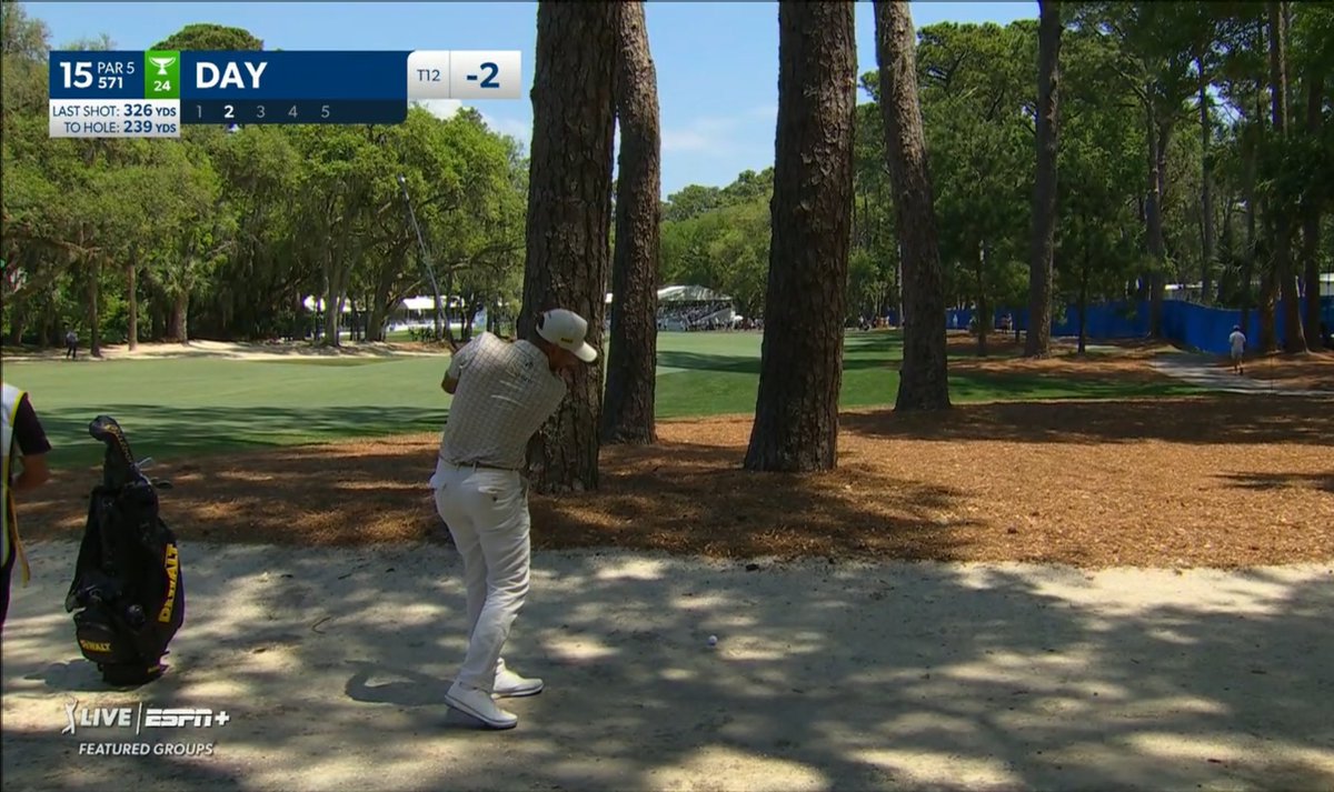 OK, for as much grief as this man took for his pants last week, he hit one of the most remarkable shots I’ve seen in person in awhile… From 239 off the coquina shells through the trees and hooked it about 30 yards onto the sliver of a green at 15. Give it up for J Day here for…